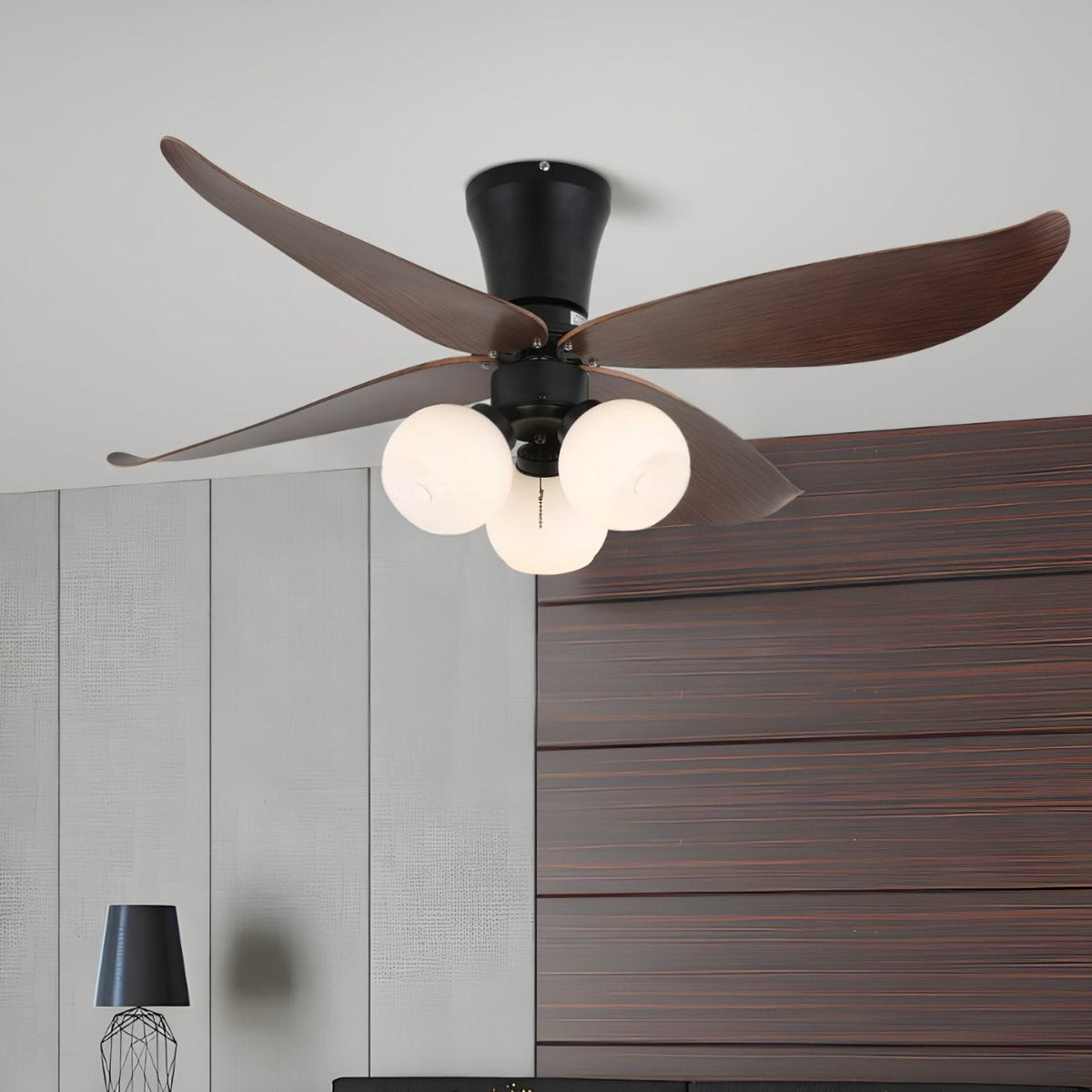 Ventoinha de teto vintage com luz de madeira e vidro Lunair