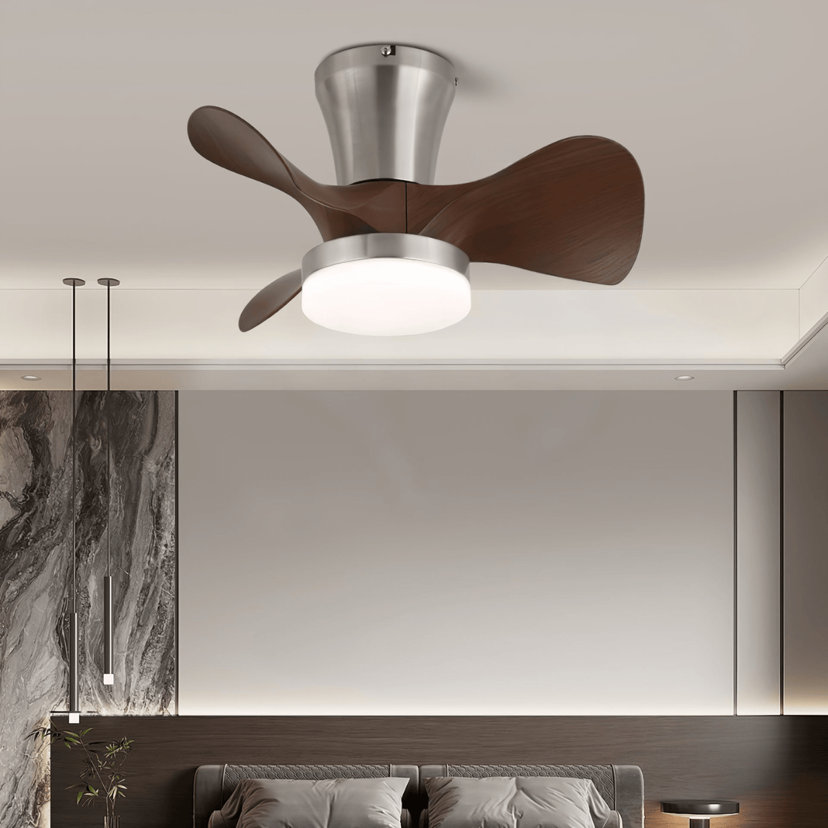 Nera moderne loftsventilator med lys i træ