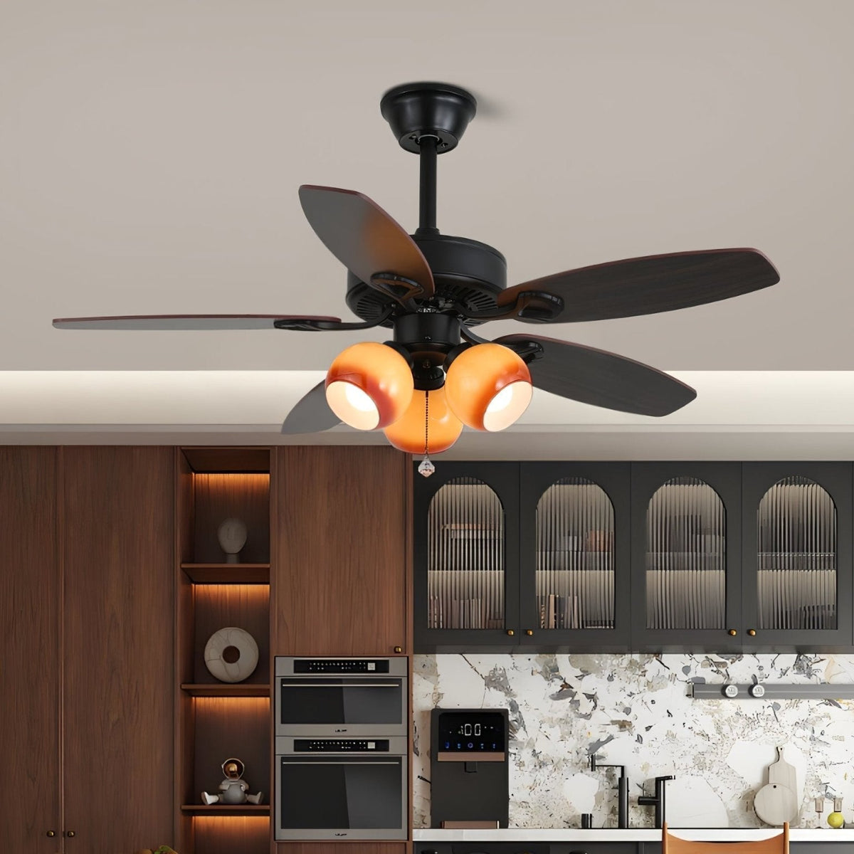 Calviera vintage-loftventilator med lys i træ og glas