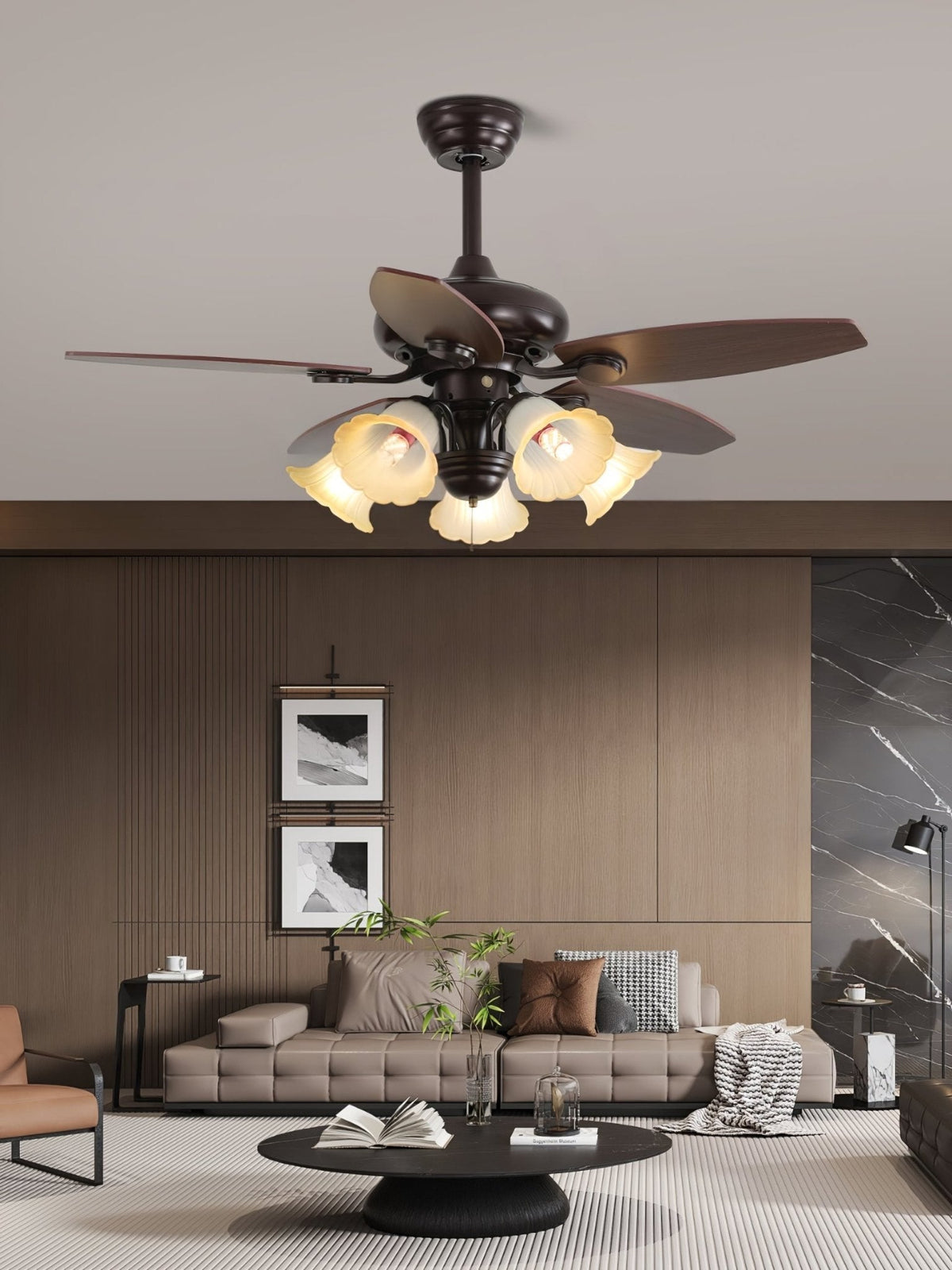 Elviveon vintage takfläkt med lampa i trä och glas