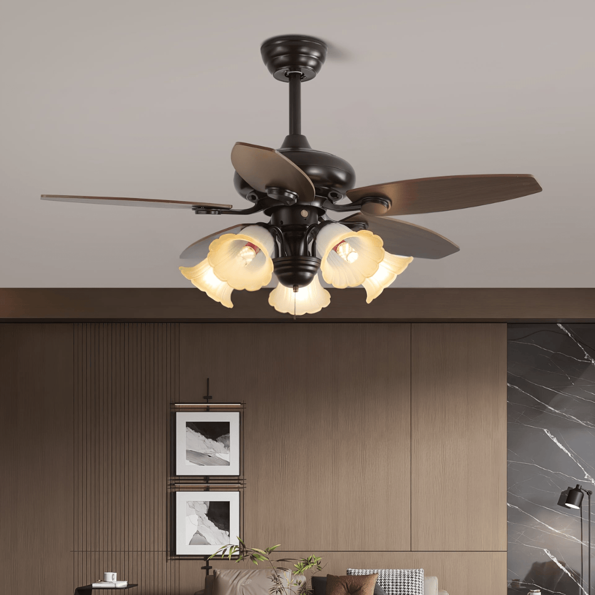 Elviveon vintage takfläkt med lampa i trä och glas