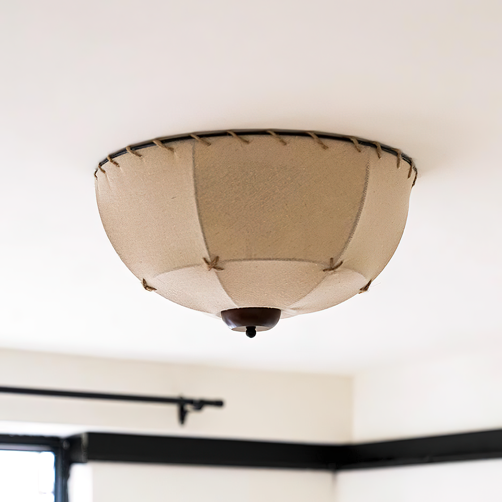 Candeeiro de teto em cúpula, madeira artesanal e tecido, rústico