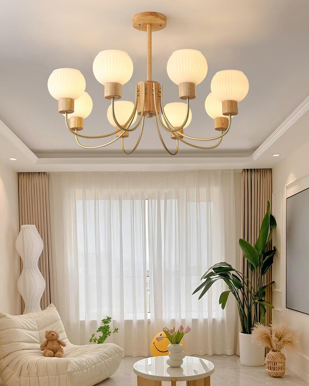 Candeeiro de teto Sylorine em madeira, 6 luzes, vidro elegante