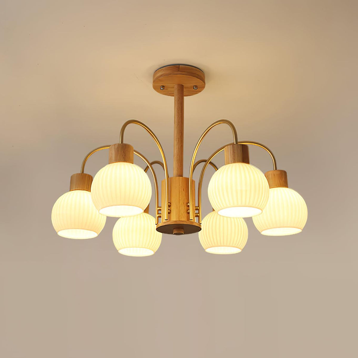 Candeeiro de teto Sylorine em madeira, 6 luzes, vidro elegante
