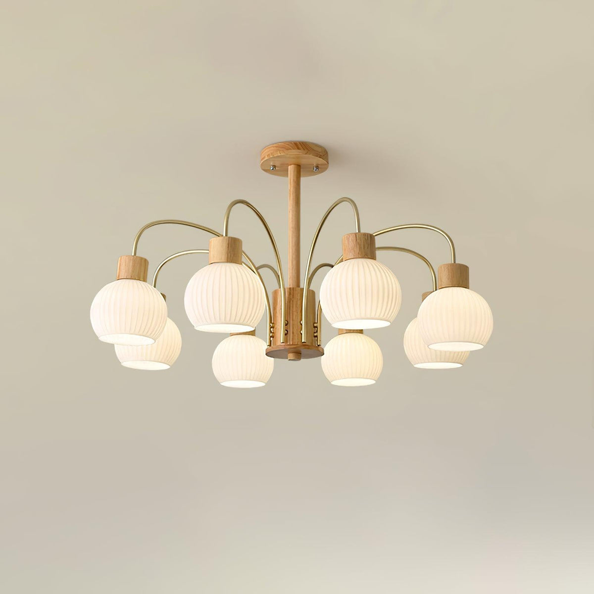 Candeeiro de teto Sylorine em madeira, 6 luzes, vidro elegante