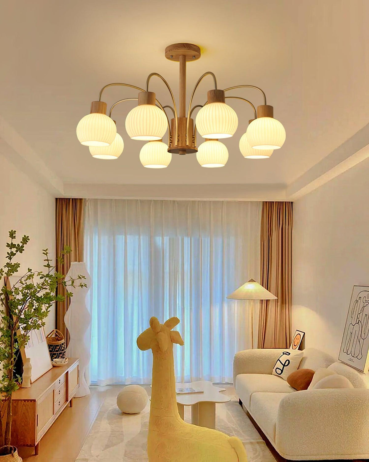 Candeeiro de teto Sylorine em madeira, 6 luzes, vidro elegante