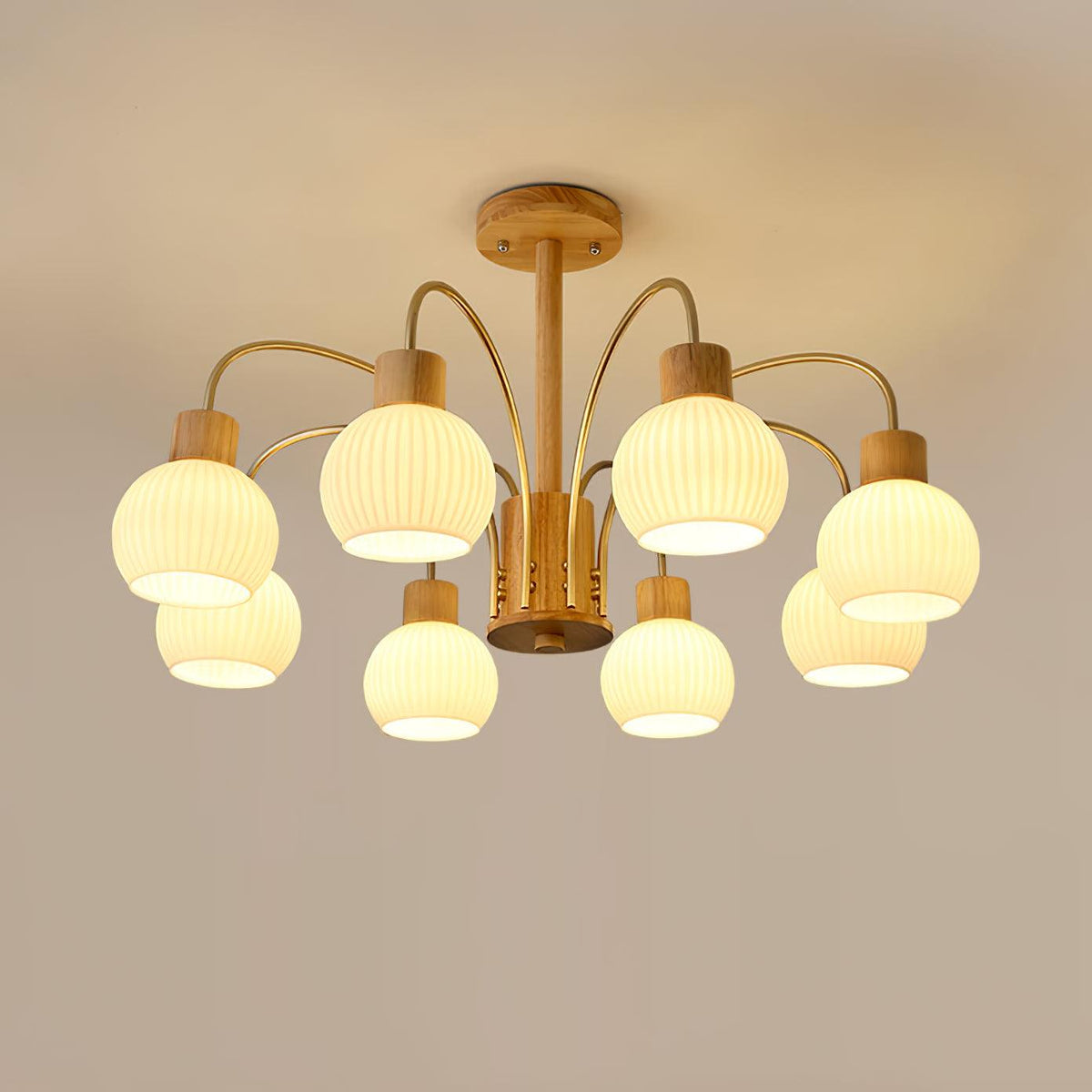 Candeeiro de teto Sylorine em madeira, 6 luzes, vidro elegante