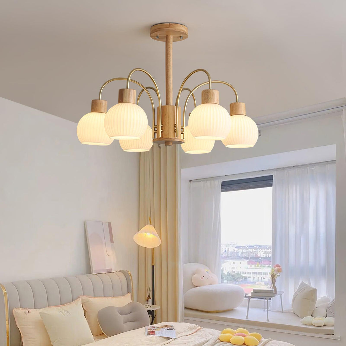 Candeeiro de teto Sylorine em madeira, 6 luzes, vidro elegante