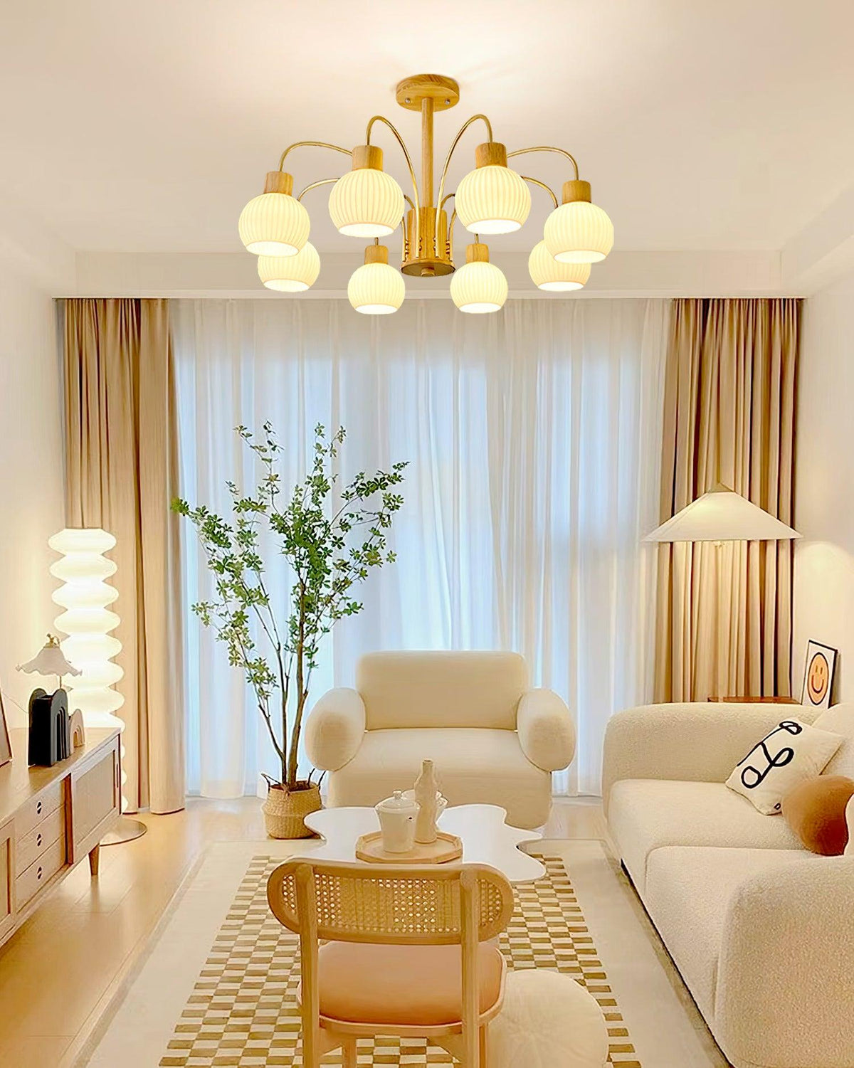 Candeeiro de teto Sylorine em madeira, 6 luzes, vidro elegante