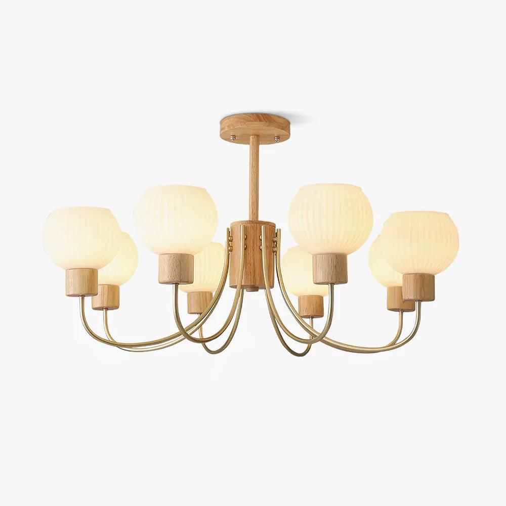 Candeeiro de teto Sylorine em madeira, 6 luzes, vidro elegante