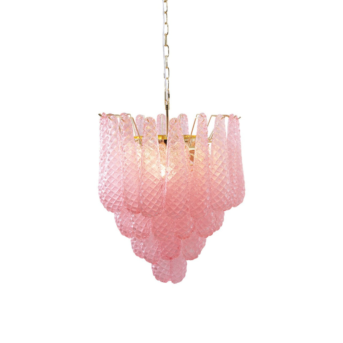 Lustre em vidro Murano rosa com gotas em cascata e padrão de diamantes Veliena