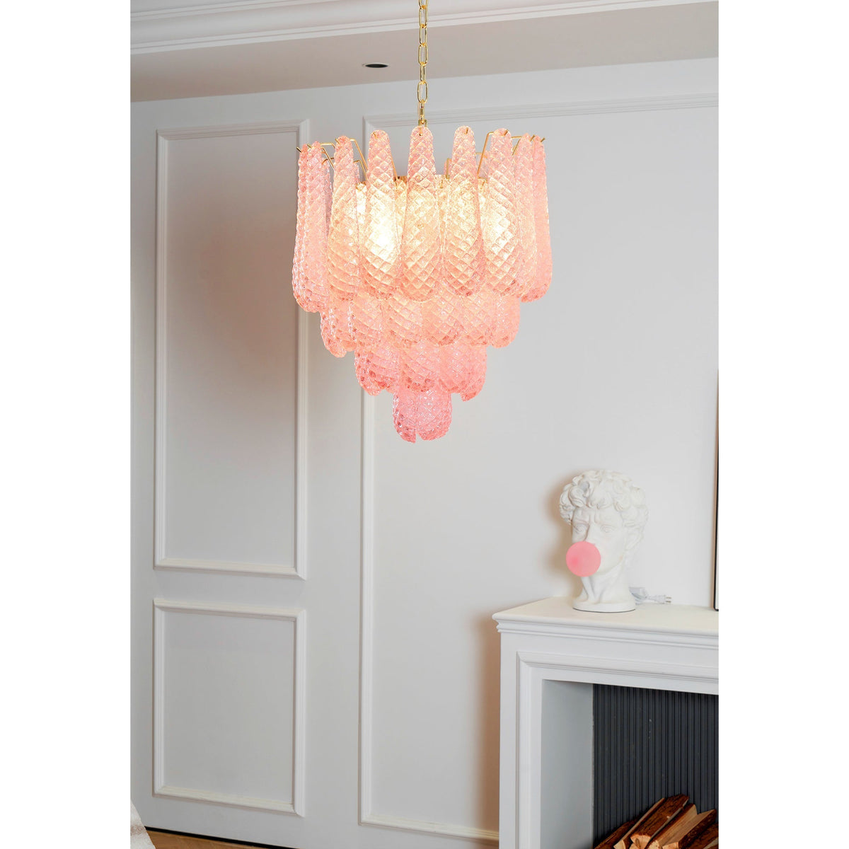 Lustre em vidro Murano rosa com gotas em cascata e padrão de diamantes Veliena