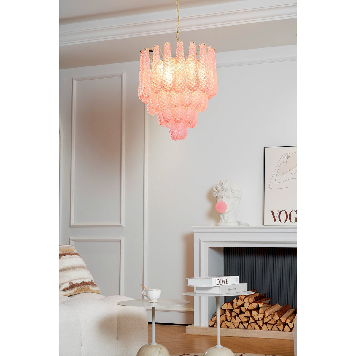Lustre em vidro Murano rosa com gotas em cascata e padrão de diamantes Veliena