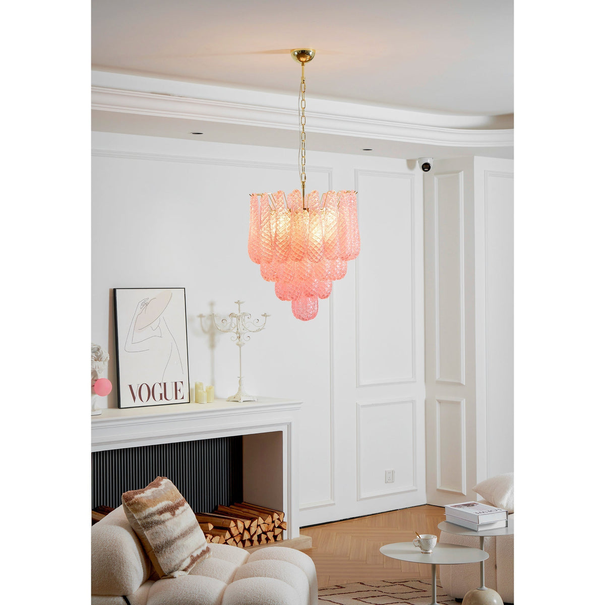 Lustre em vidro Murano rosa com gotas em cascata e padrão de diamantes Veliena