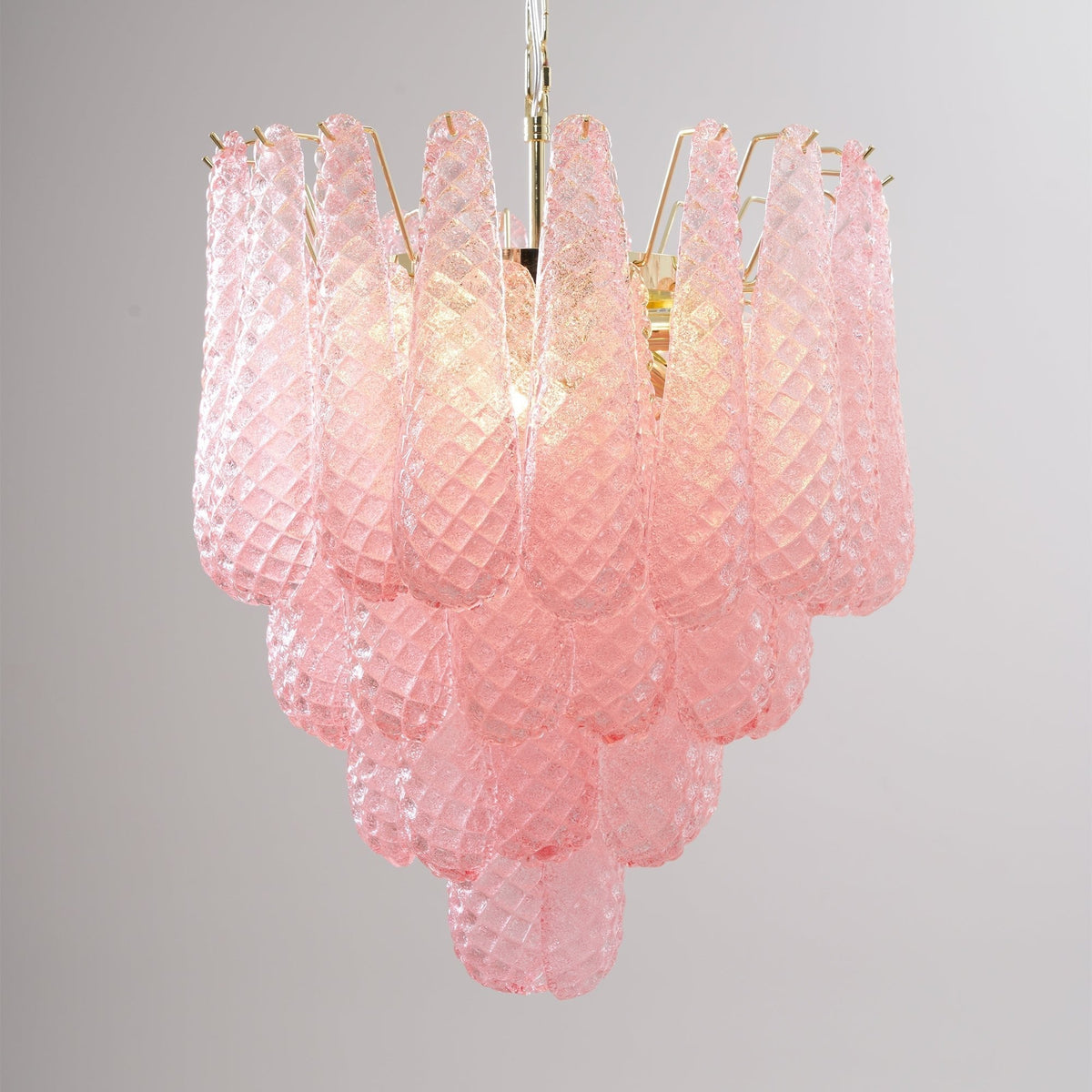 Lustre em vidro Murano rosa com gotas em cascata e padrão de diamantes Veliena