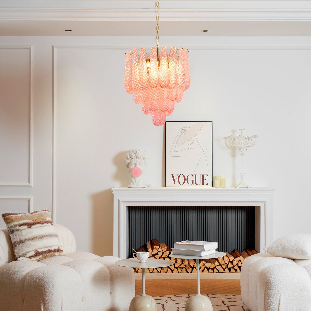 Lustre em vidro Murano rosa com gotas em cascata e padrão de diamantes Veliena