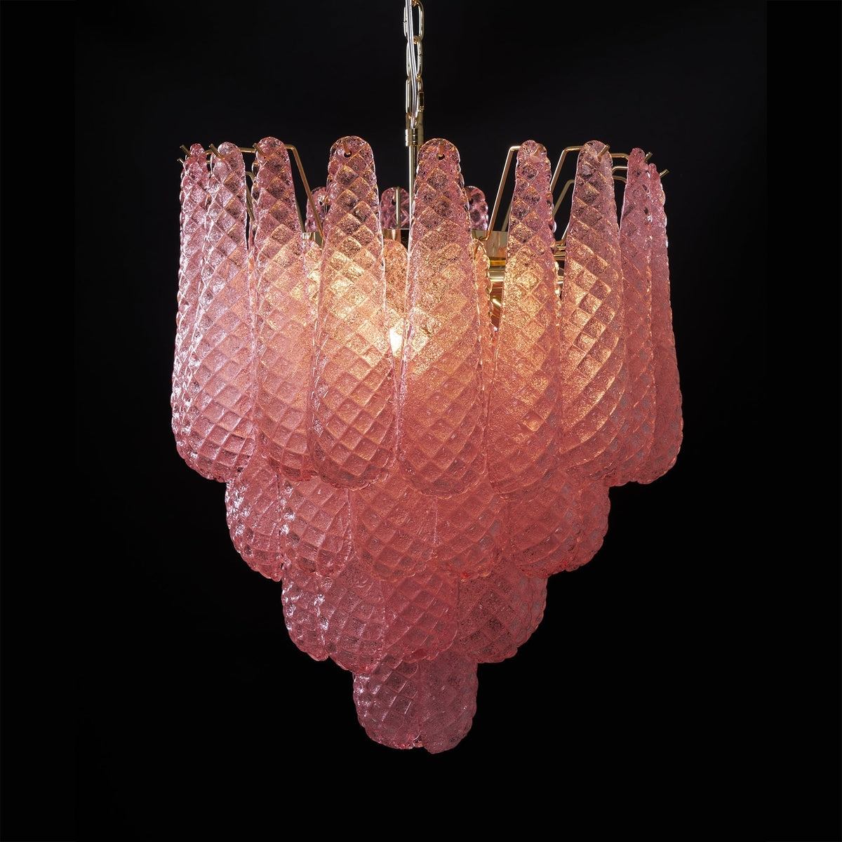 Lustre em vidro Murano rosa com gotas em cascata e padrão de diamantes Veliena