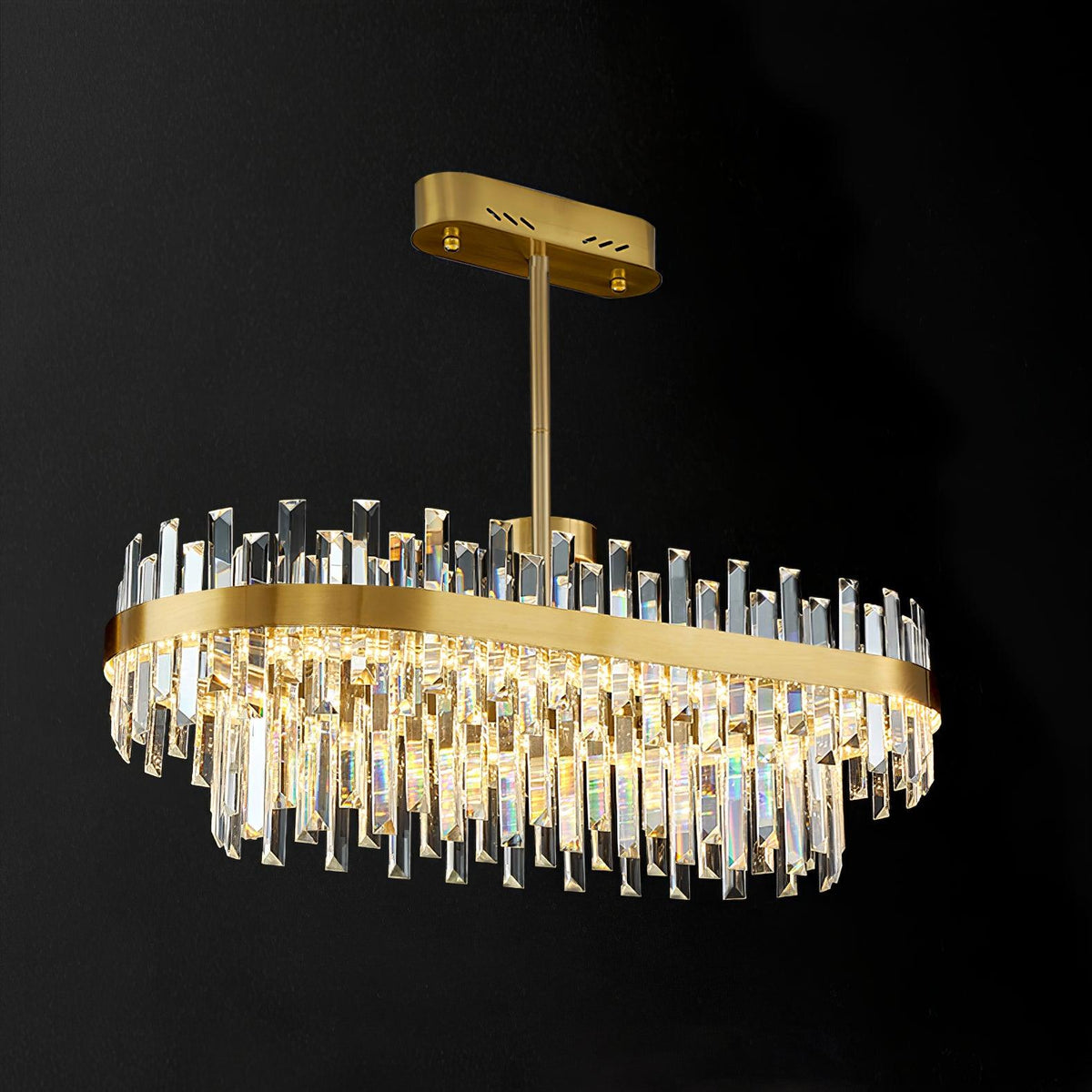 Candeeiro de teto Elyeira em latão e cristal, elegante, tipo tambor