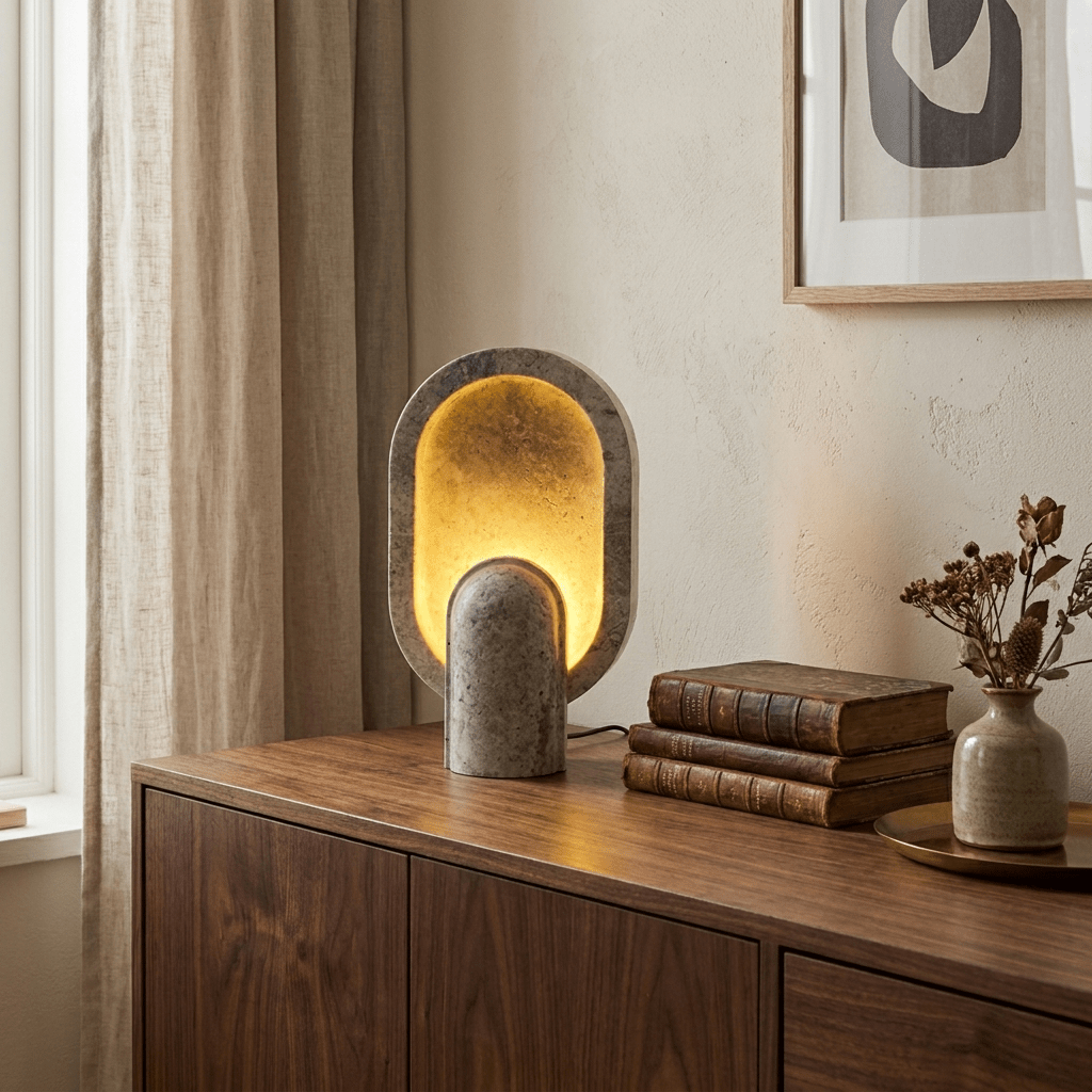 Valeena-bordslampa i travertin