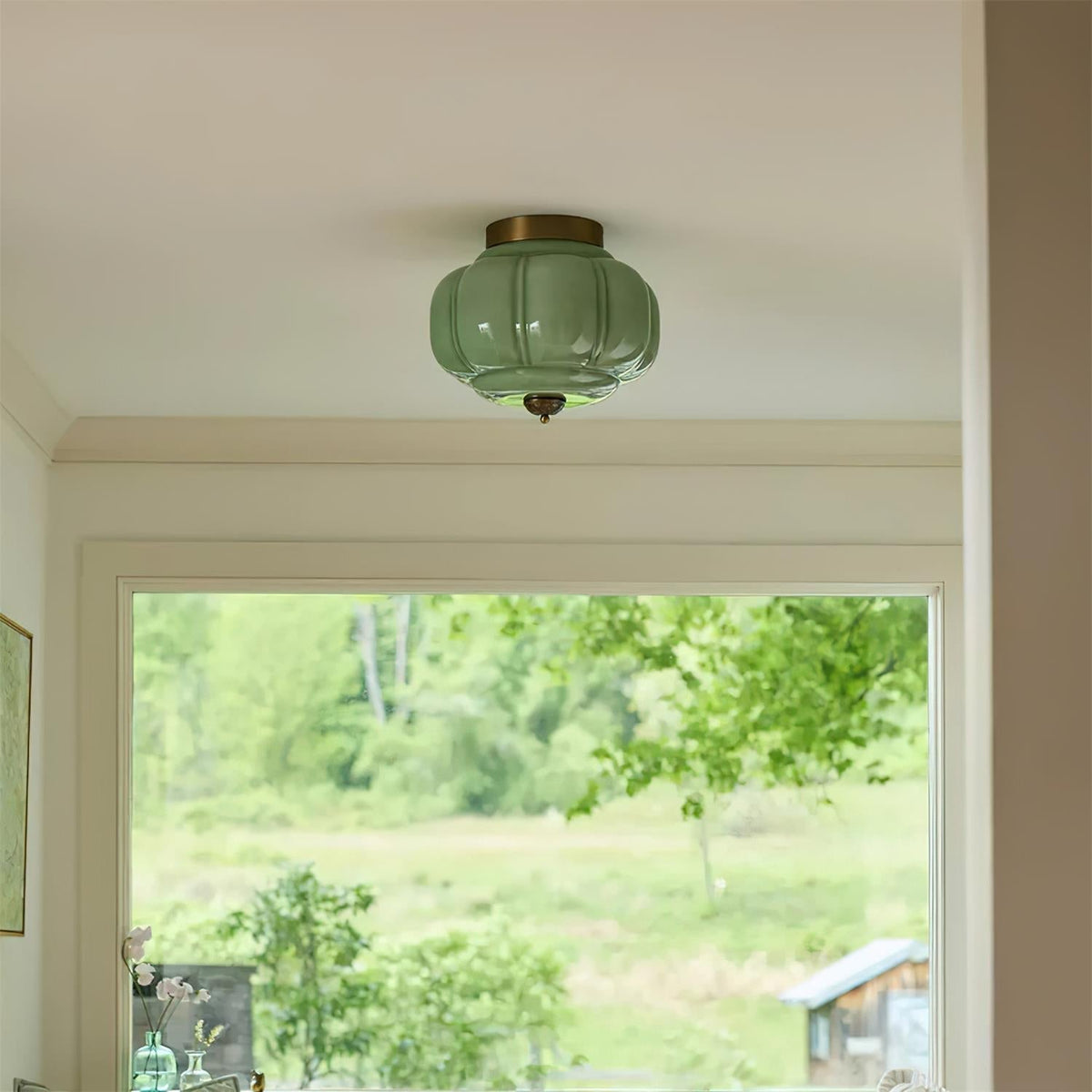 Selviro loftlampe, grønt glas, messing, klassisk