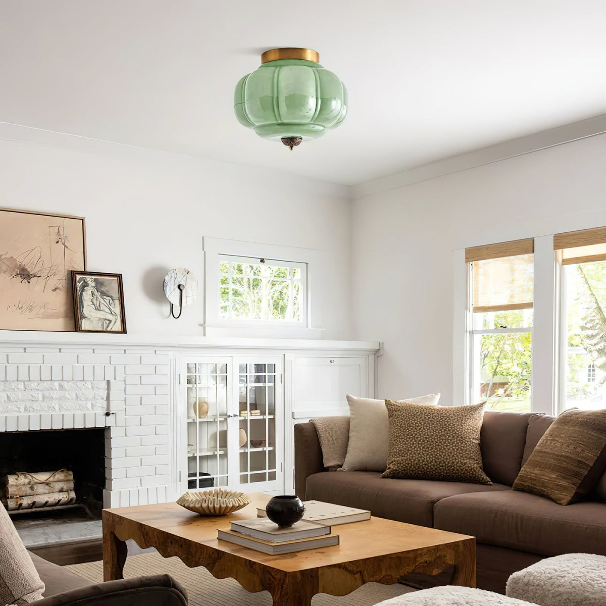 Selviro loftlampe, grønt glas, messing, klassisk