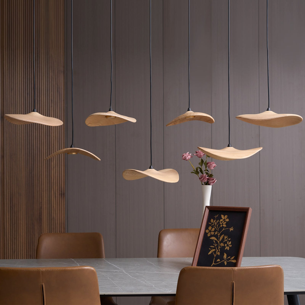 Candeeiro de lustre moderno minimalista em madeira, folha vazada Abbott