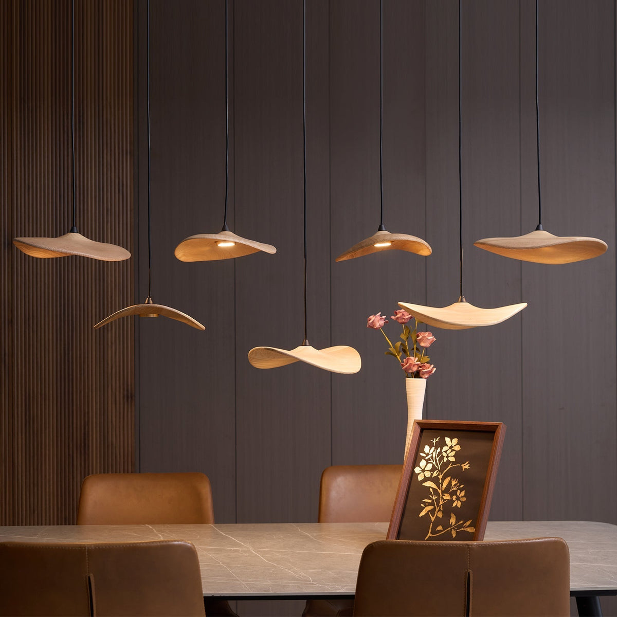 Candeeiro de lustre moderno minimalista em madeira, folha vazada Abbott