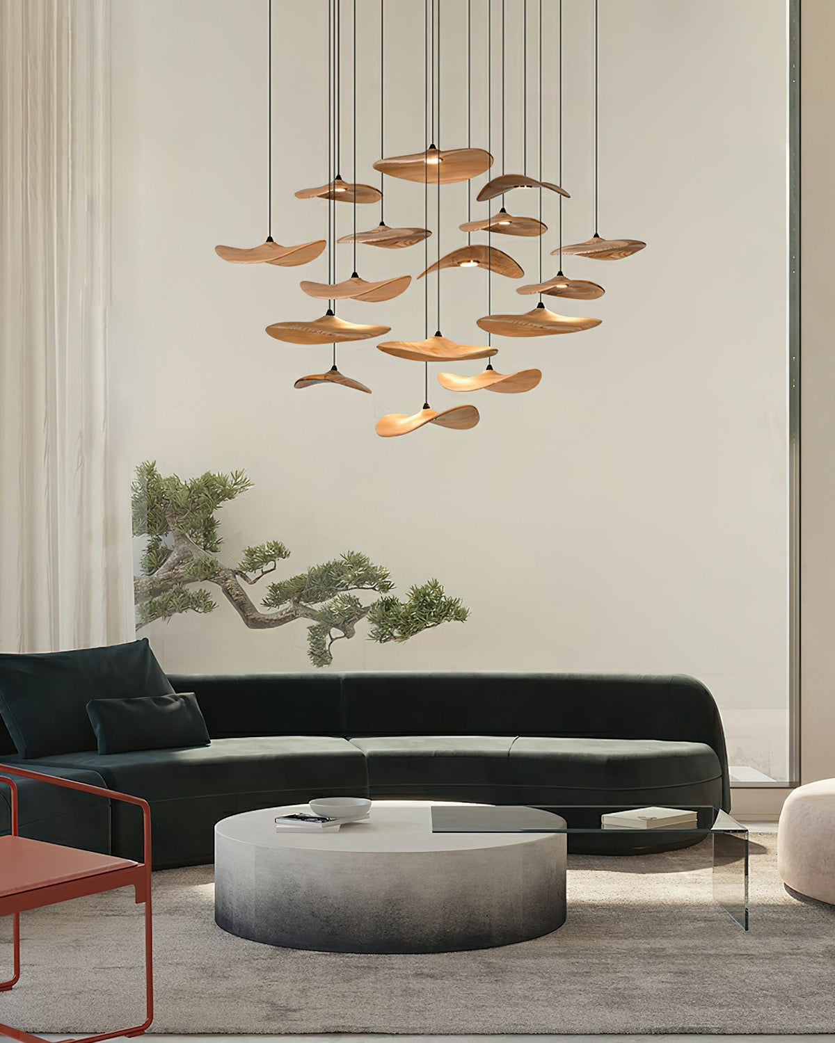 Candeeiro de lustre moderno minimalista em madeira, folha vazada Abbott