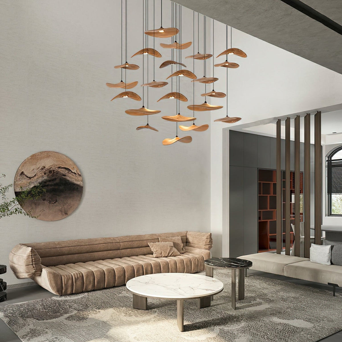 Candeeiro de lustre moderno minimalista em madeira, folha vazada Abbott