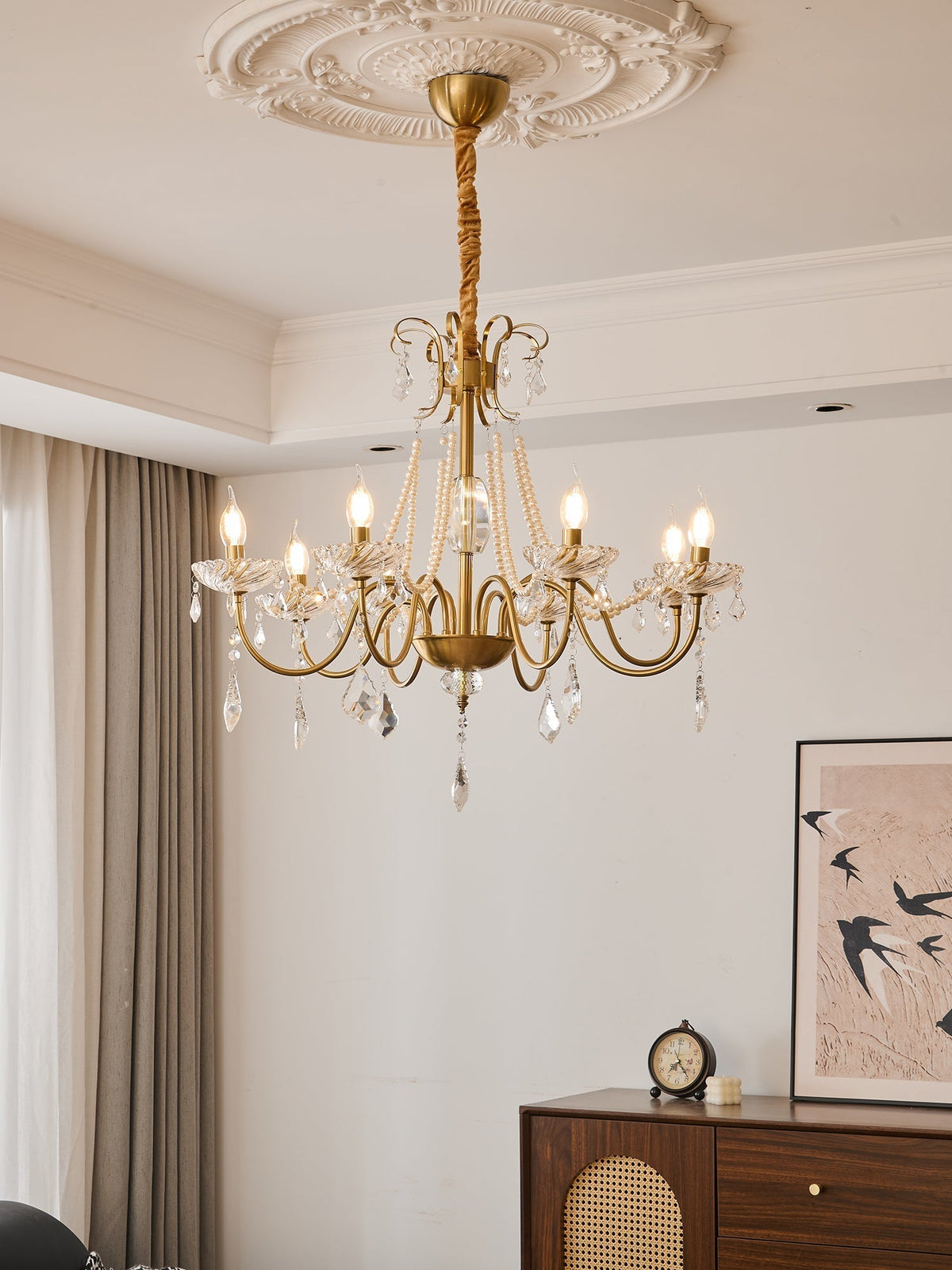 Candelabro Evaria tradicional de luxo em cristal com pérolas