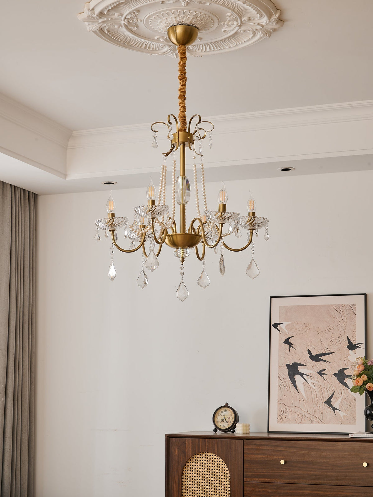 Candelabro Evaria tradicional de luxo em cristal com pérolas