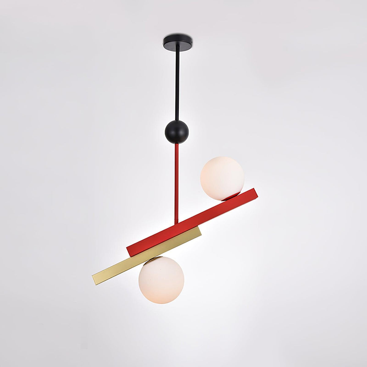 Veveny geometrisk pendellampa med dubbla glober och linjära stänger