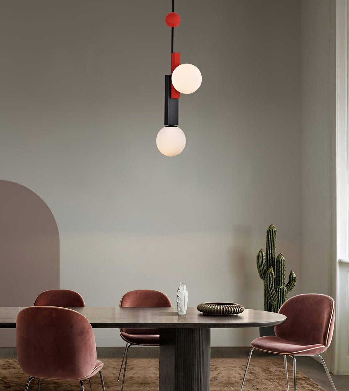 Veveny geometrisk pendellampa med dubbla glober och linjära stänger