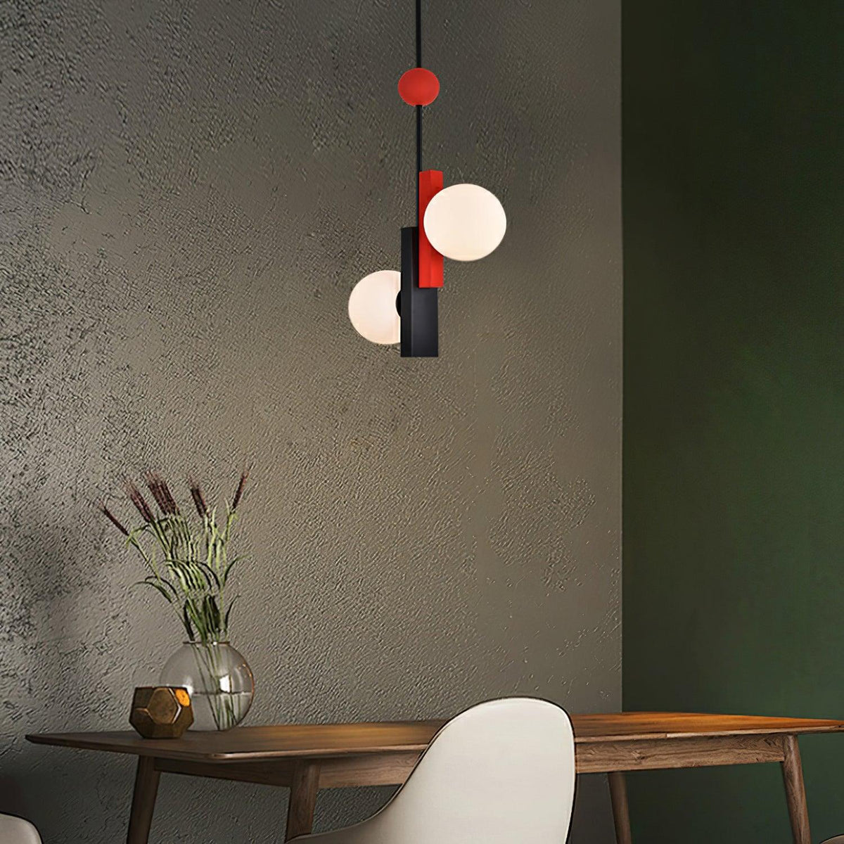 Veveny geometrisk pendellampa med dubbla glober och linjära stänger
