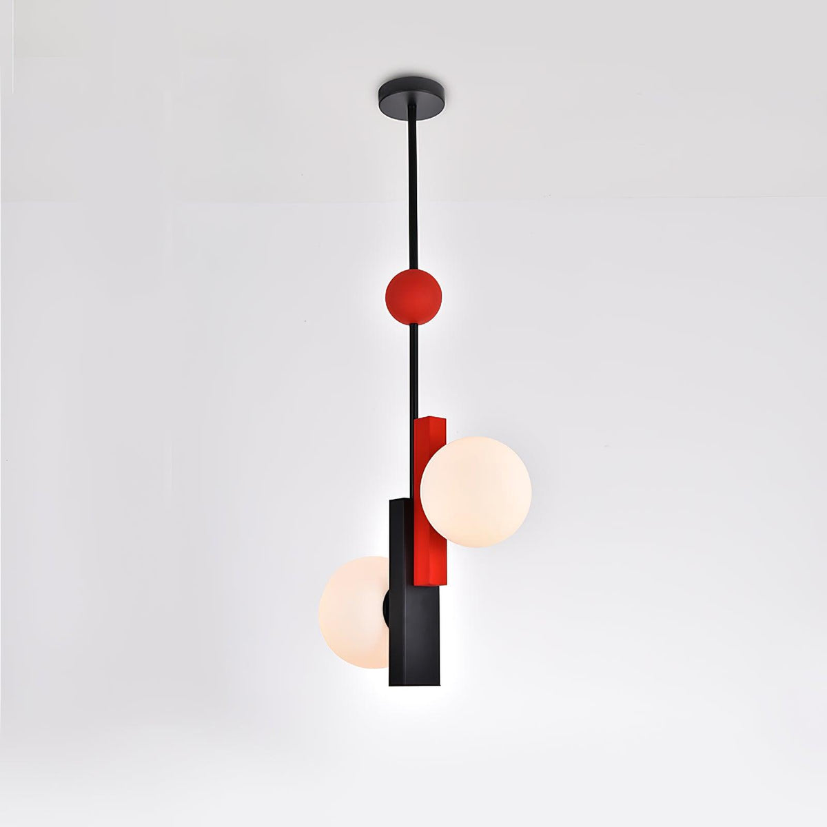 Veveny geometrisk pendellampa med dubbla glober och linjära stänger