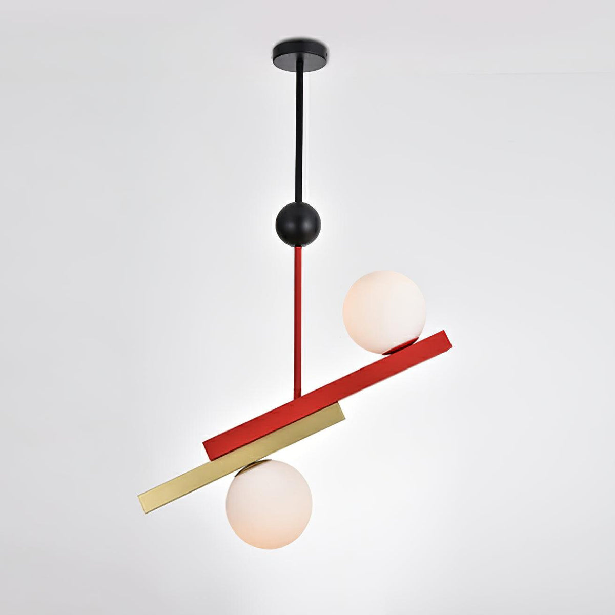 Veveny geometrisk pendellampa med dubbla glober och linjära stänger