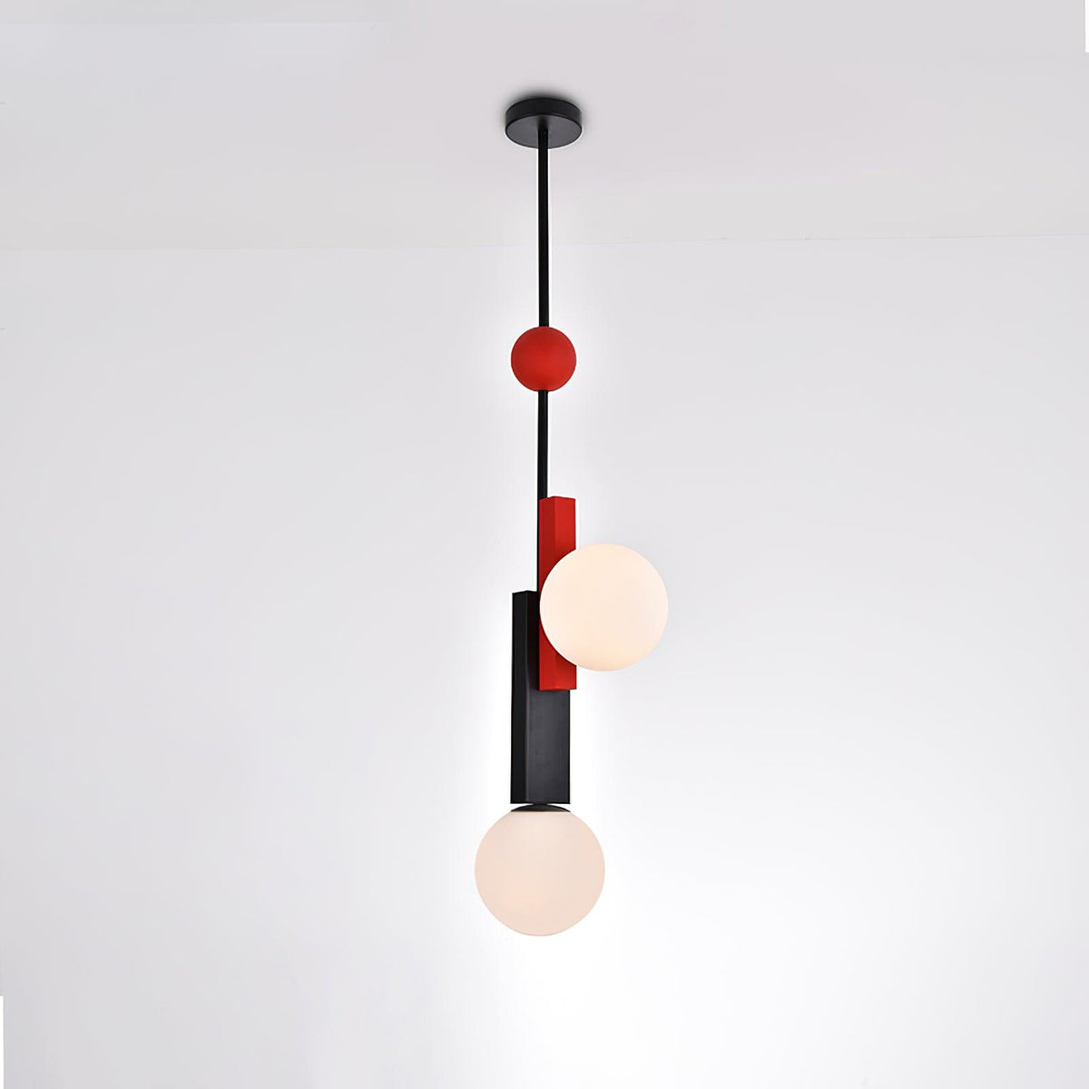 Veveny geometrisk pendellampa med dubbla glober och linjära stänger