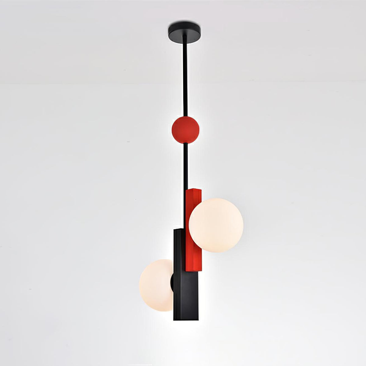 Veveny geometrisk pendellampa med dubbla glober och linjära stänger