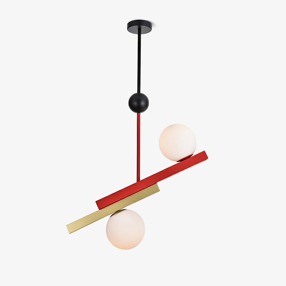 Veveny geometrisk pendellampa med dubbla glober och linjära stänger