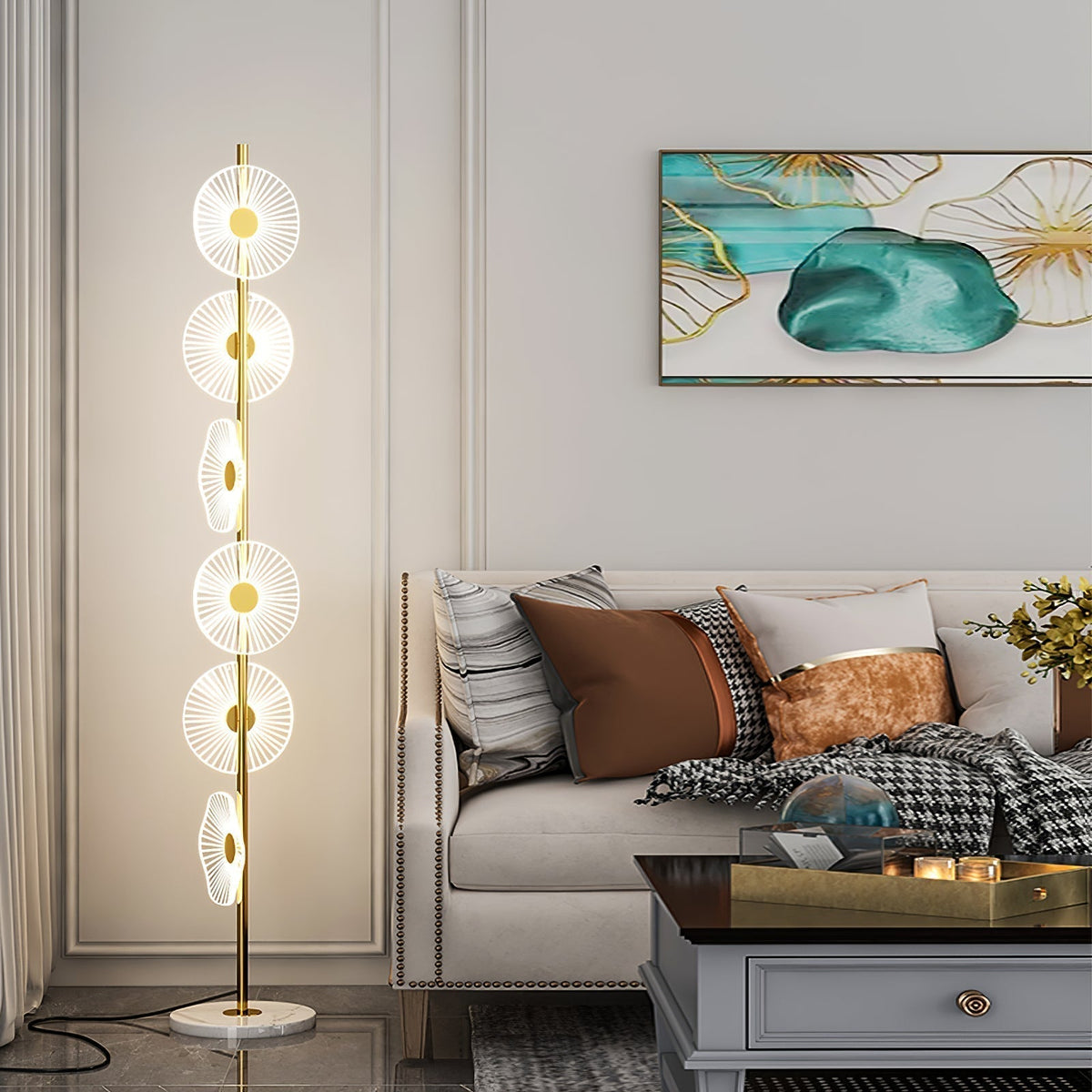 Carins kreativ modern cirkelformad golvlampa, vit/guld, sovrum