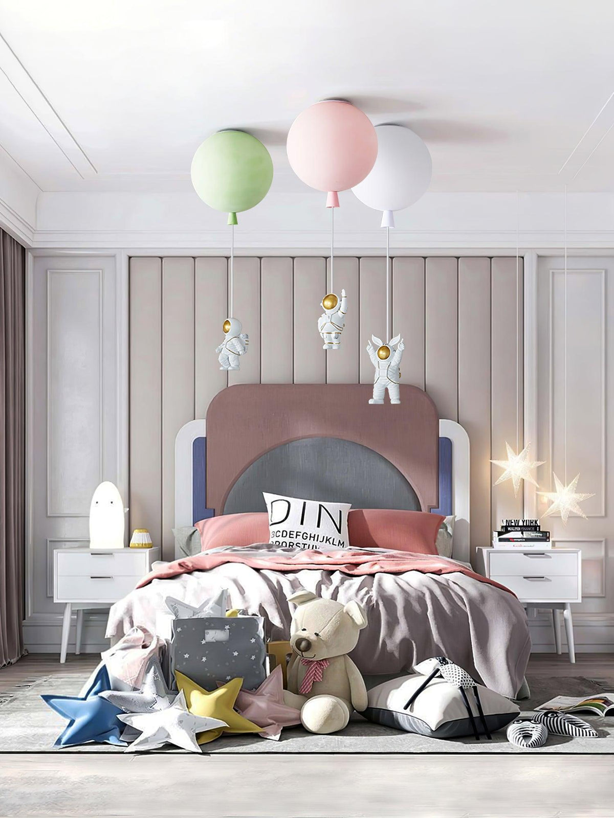 Nirerira loftslampe i akryl med ballon og astronaut, legende design til børneværelset