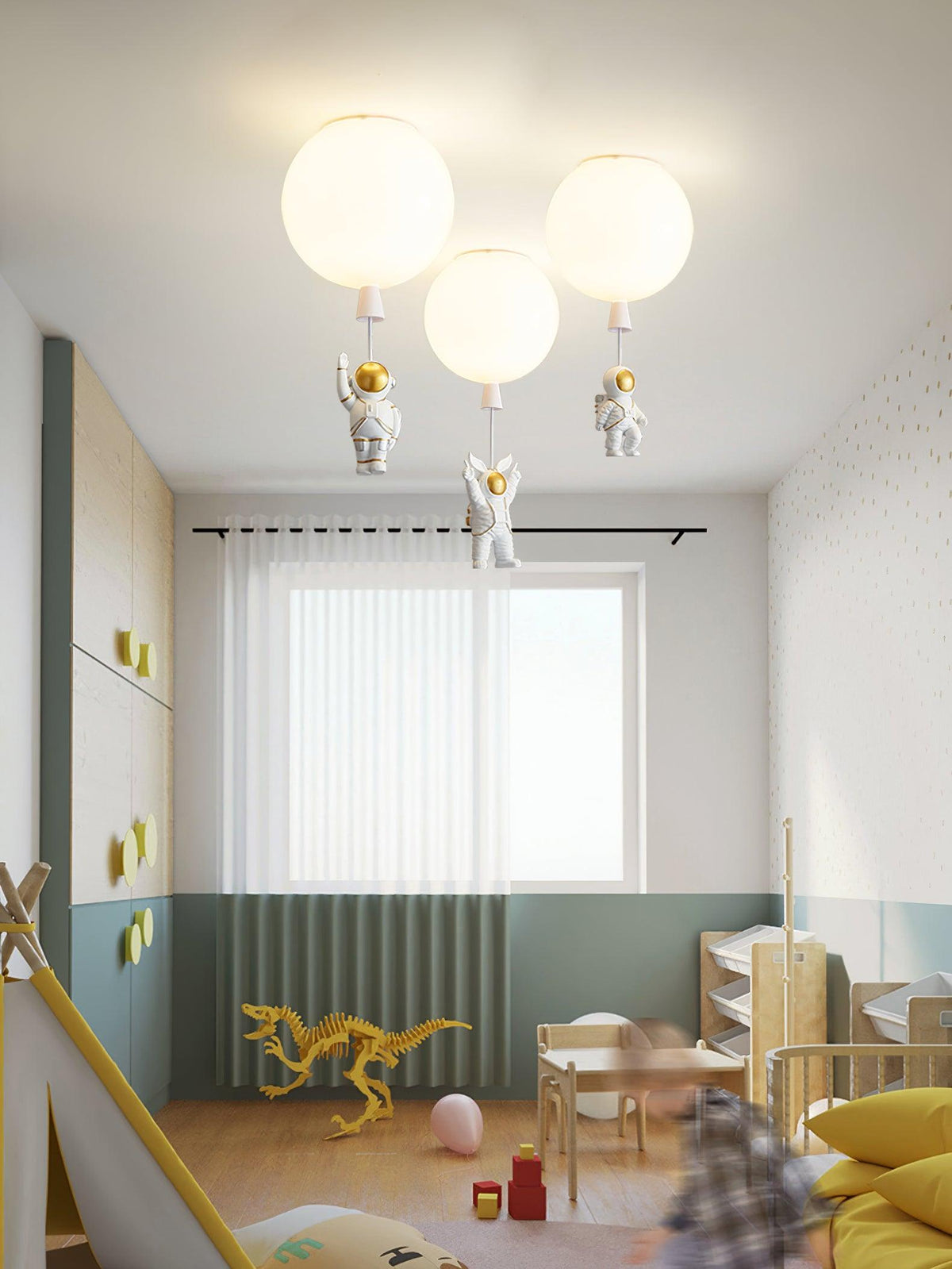 Nirerira loftslampe i akryl med ballon og astronaut, legende design til børneværelset