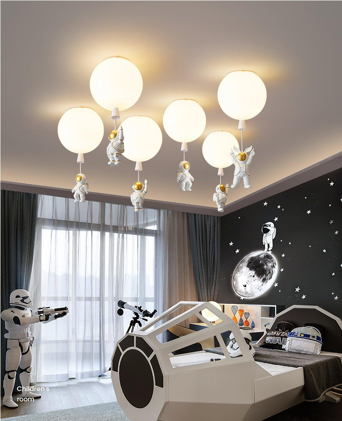 Nirerira loftslampe i akryl med ballon og astronaut, legende design til børneværelset