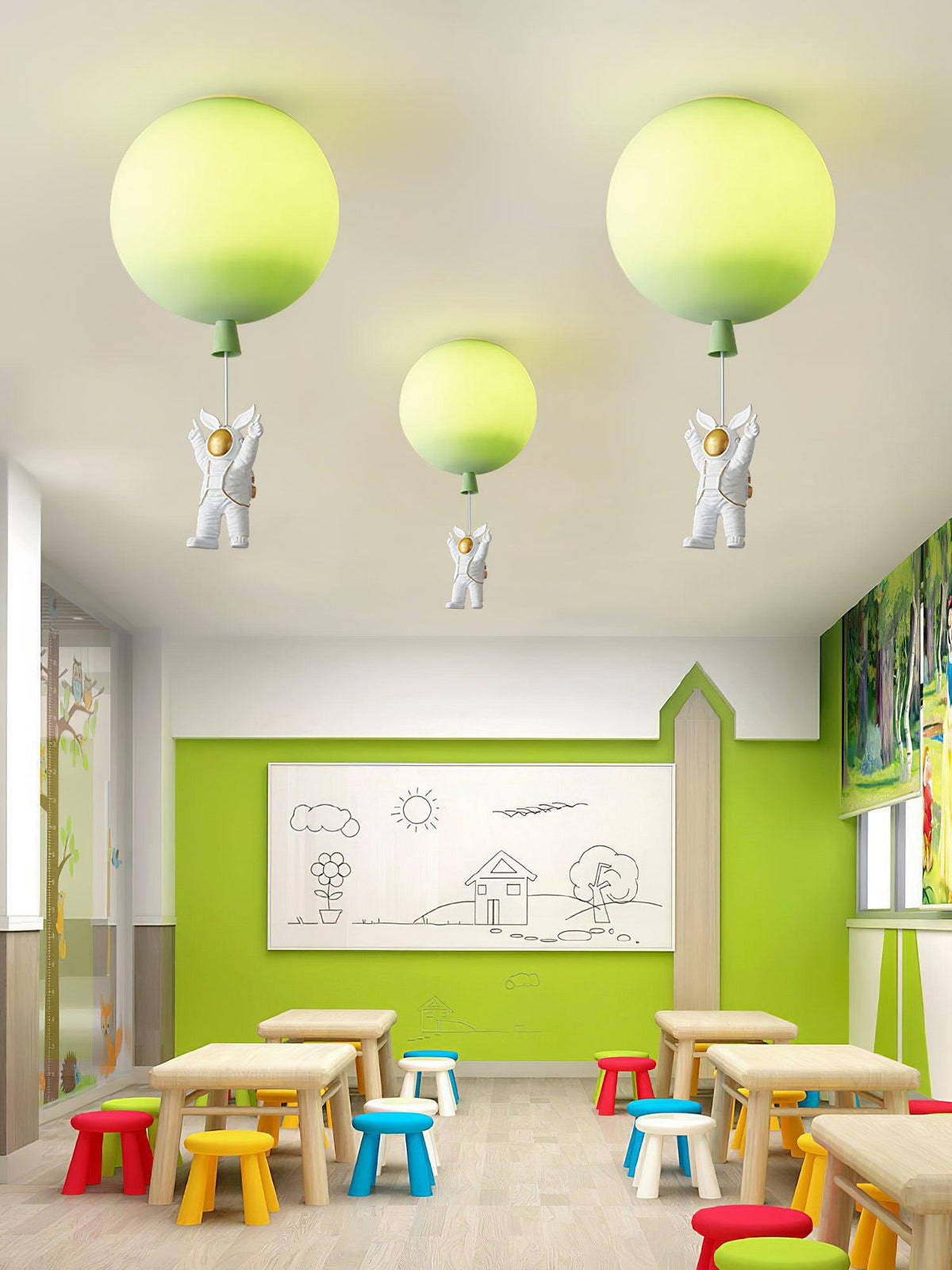 Nirerira loftslampe i akryl med ballon og astronaut, legende design til børneværelset