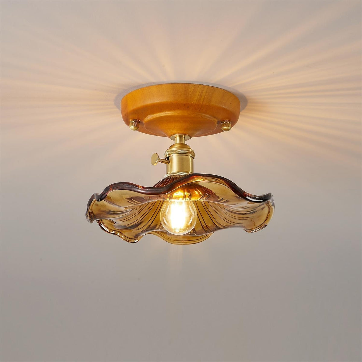 Loftlampe med baldakin i træ og skærm i messing og glas, vintageblomster, landlig stil