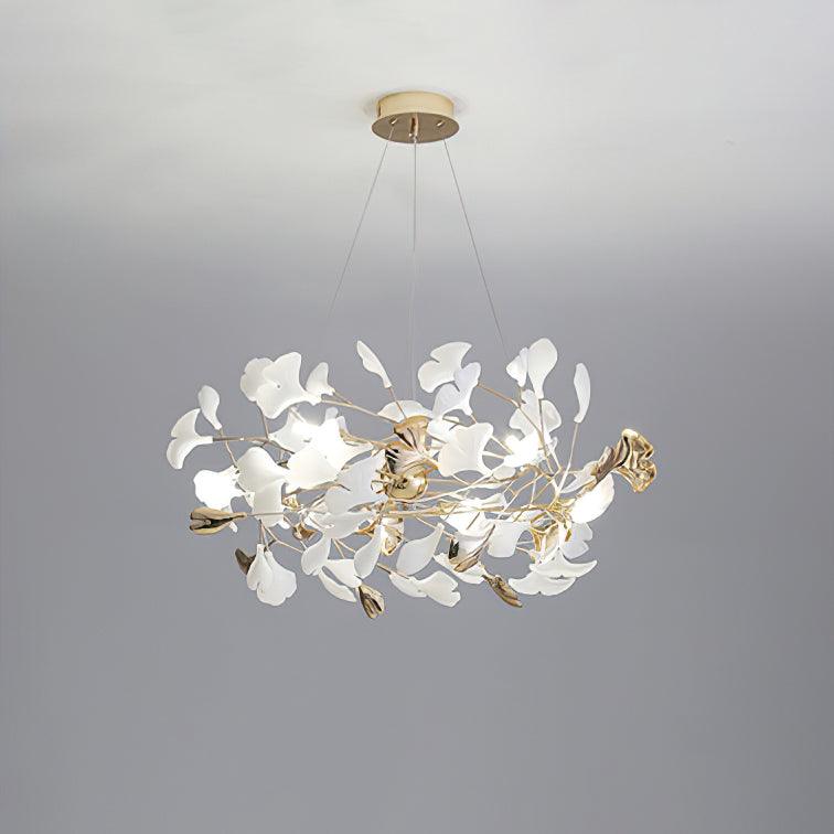 Candeeiro de teto elegante artístico Quiven, em cerâmica dourada com folha de ginkgo