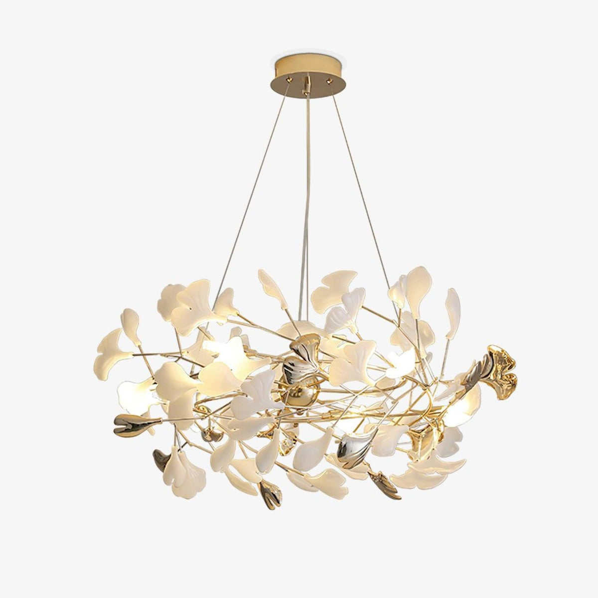 Candeeiro de teto elegante artístico Quiven, em cerâmica dourada com folha de ginkgo