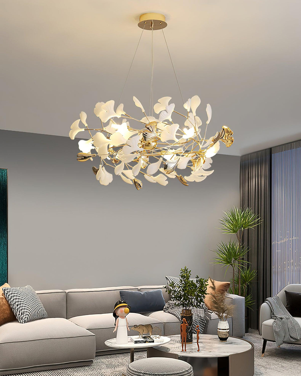 Candeeiro de teto elegante artístico Quiven, em cerâmica dourada com folha de ginkgo