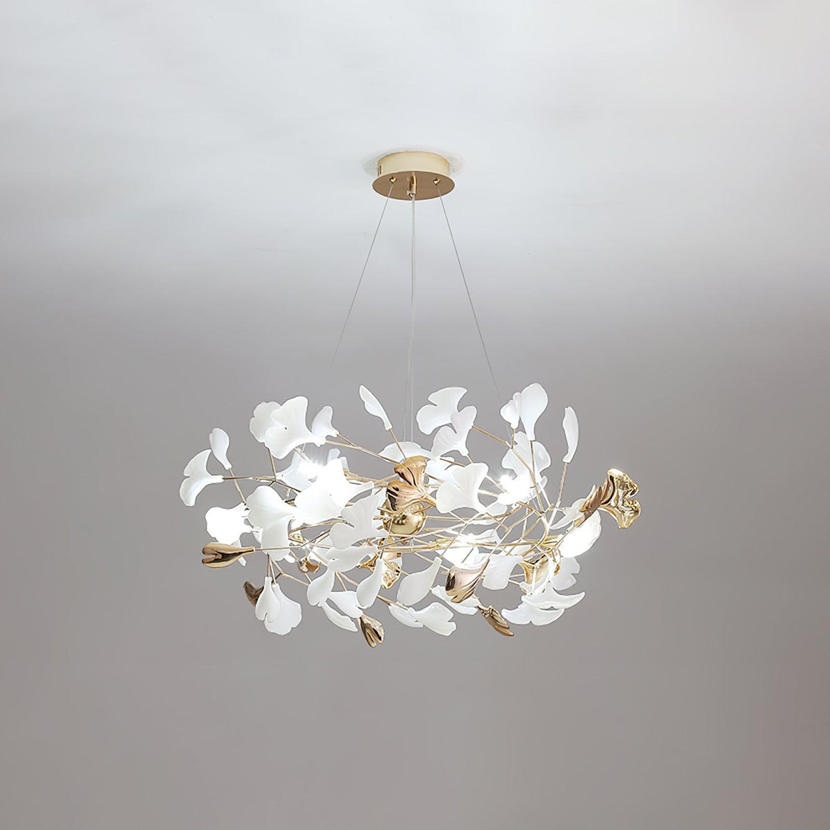 Candeeiro de teto elegante artístico Quiven, em cerâmica dourada com folha de ginkgo