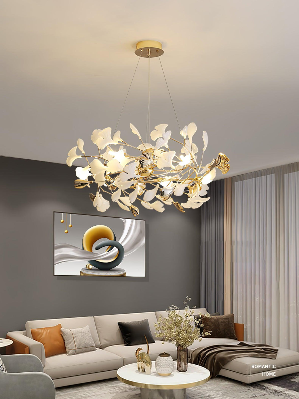 Candeeiro de teto elegante artístico Quiven, em cerâmica dourada com folha de ginkgo